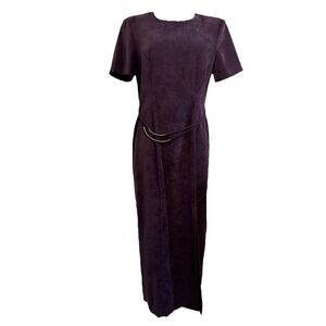 Vintage 80s Faux Suede Dress Sz 10 Purple Sheath Accent Belt Shoulder Pad Modest